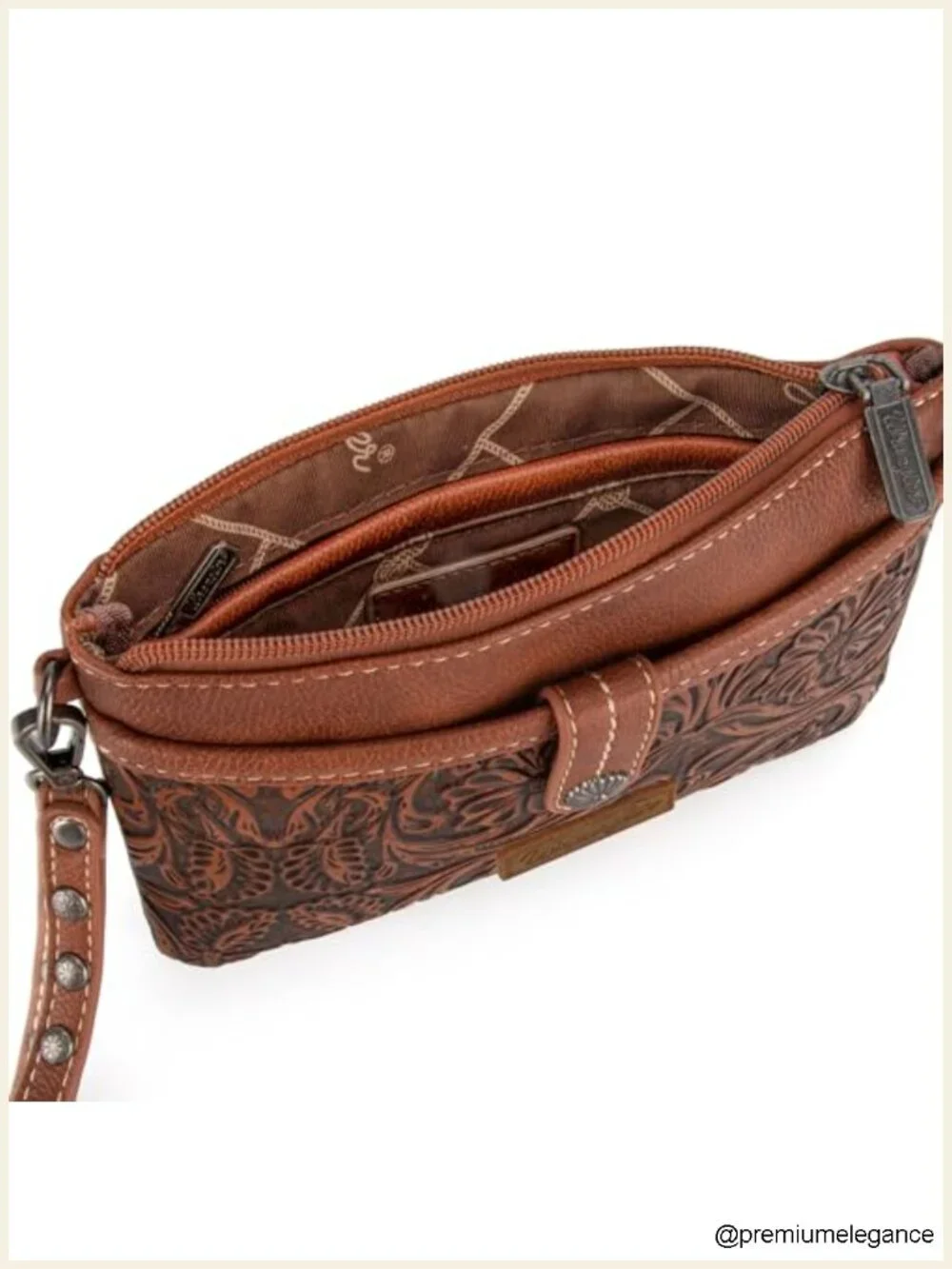 Faux Leather Convertible Crossbody Wristlet Purse with Tooling Pattern
